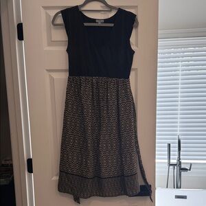 Sleeveless Black Bodice Midi Dress with Cream Geometric Skirt